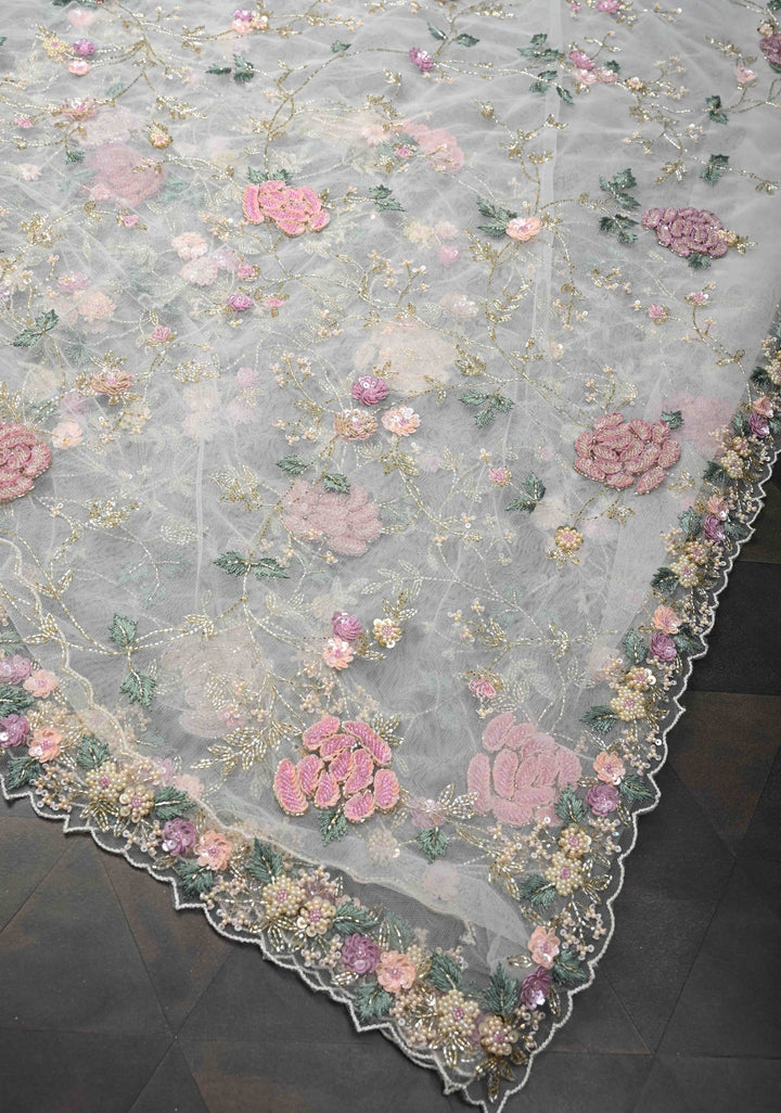 White 3D Floral jaal on Net Saree with sequins, cutdana, stone handwork and Scallop Border