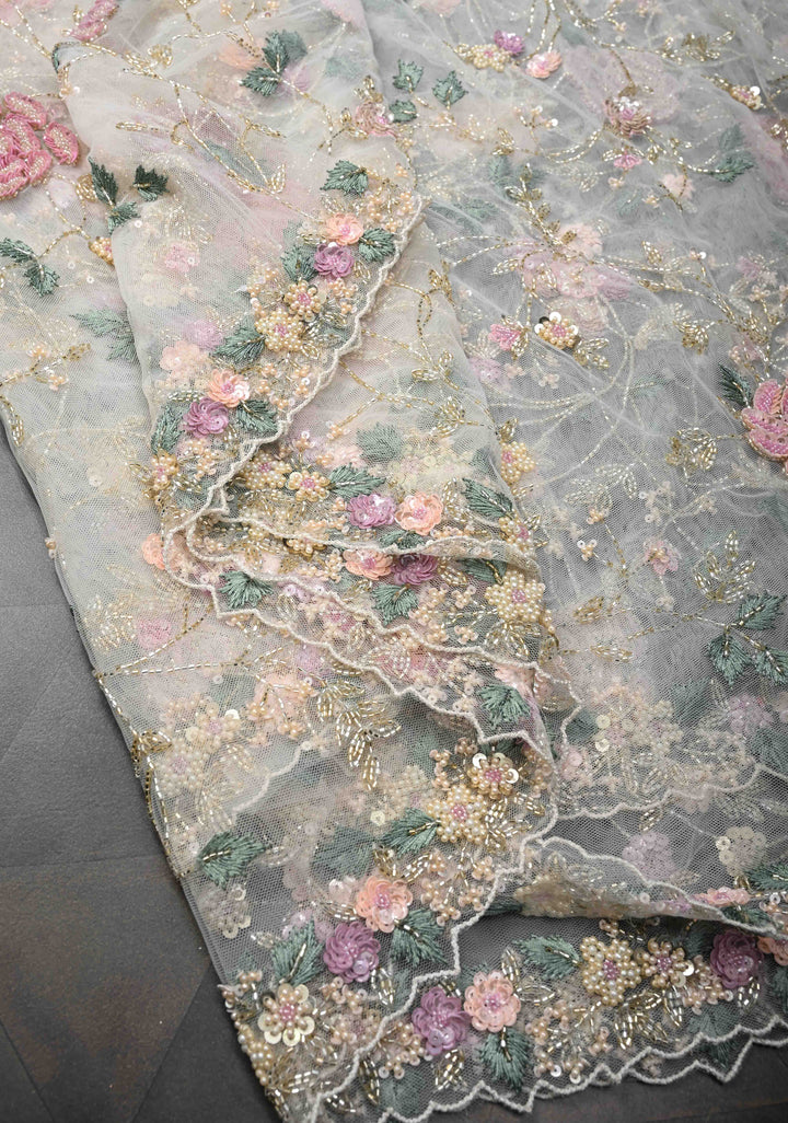 White 3D Floral jaal on Net Saree with sequins, cutdana, stone handwork and Scallop Border