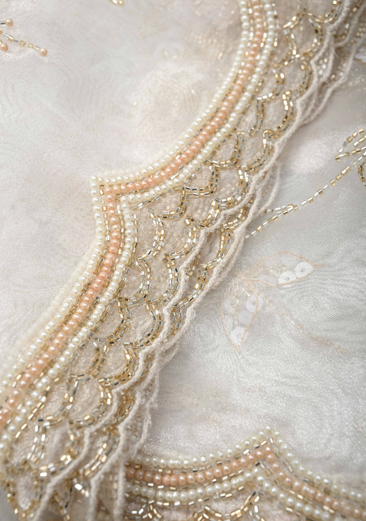 White Full Jaal on Glass Organza  Saree with Sequins, Cutdana Work and Scallop Border