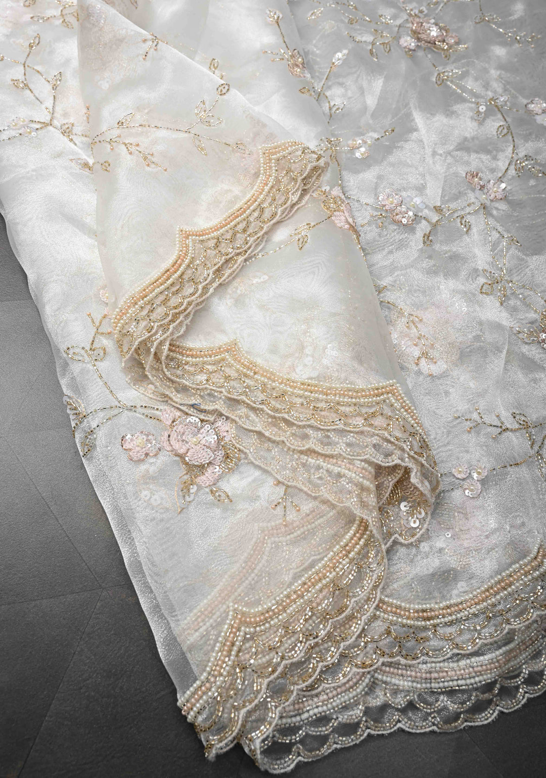 White Full Jaal on Glass Organza  Saree with Sequins, Cutdana Work and Scallop Border