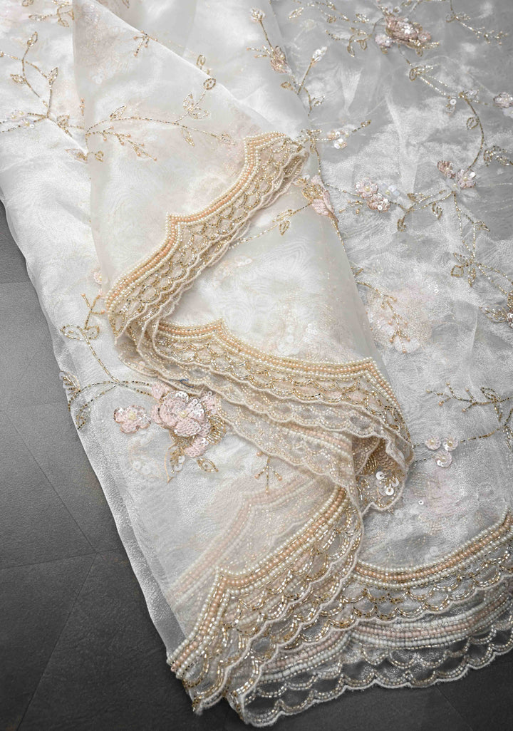 White Full Jaal on Glass Organza  Saree with Sequins, Cutdana Work and Scallop Border