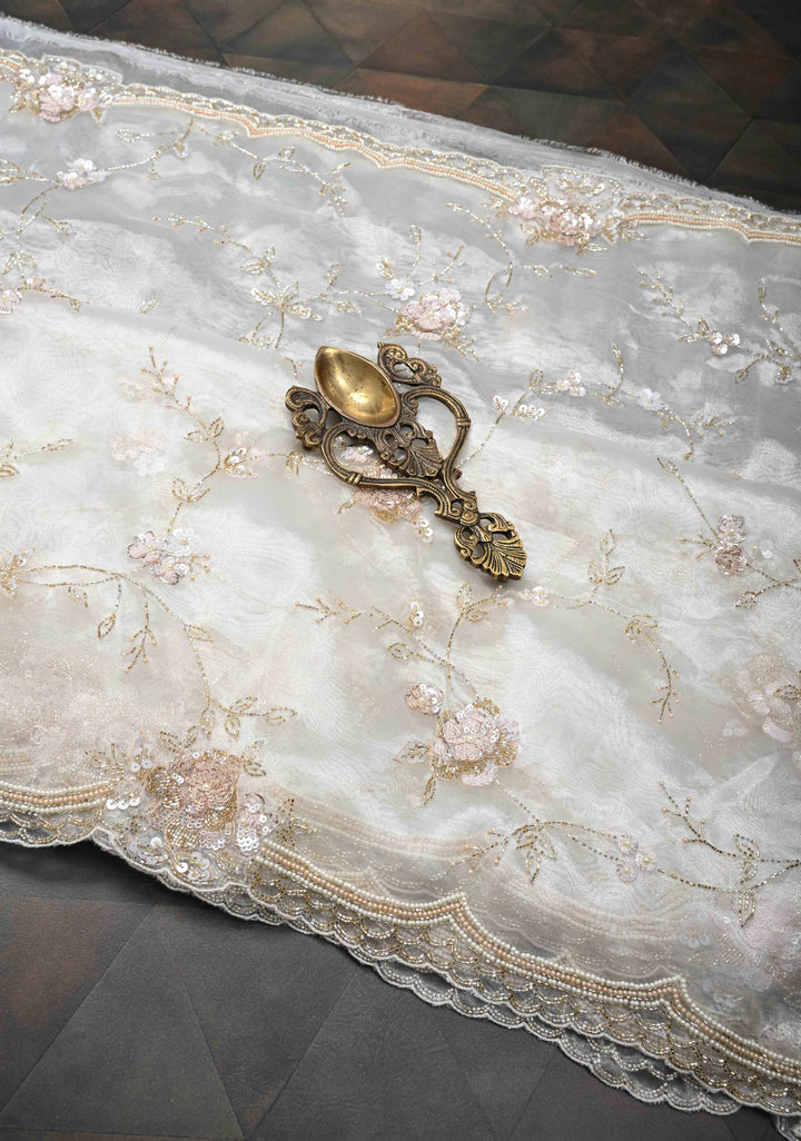 White Full Jaal on Glass Organza  Saree with Sequins, Cutdana Work and Scallop Border
