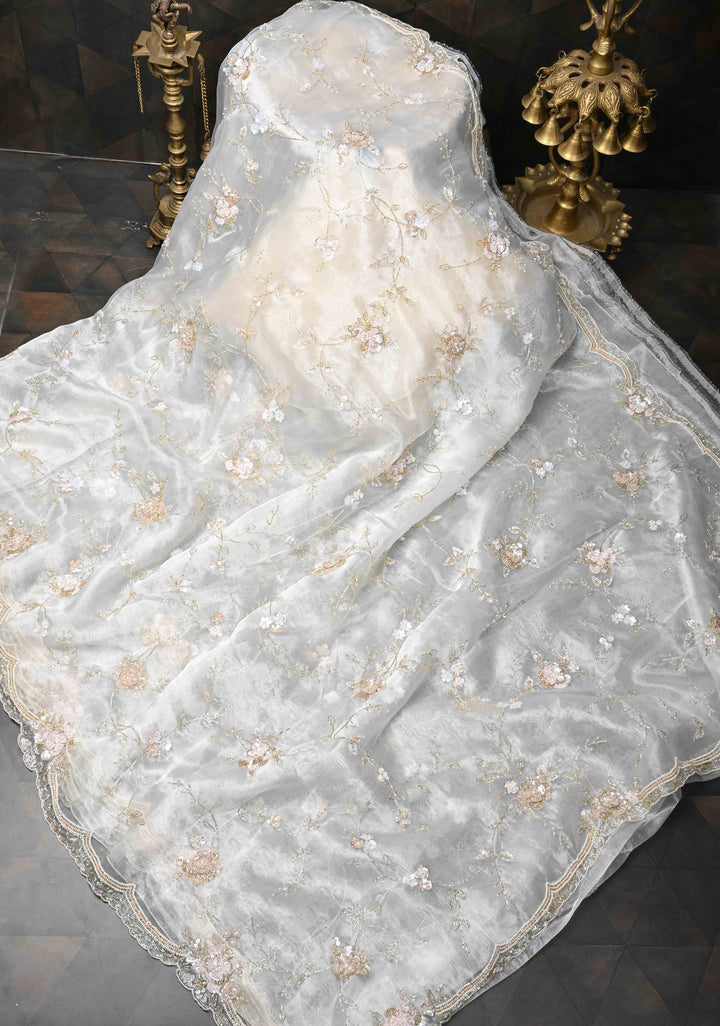 White Full Jaal on Glass Organza  Saree with Sequins, Cutdana Work and Scallop Border