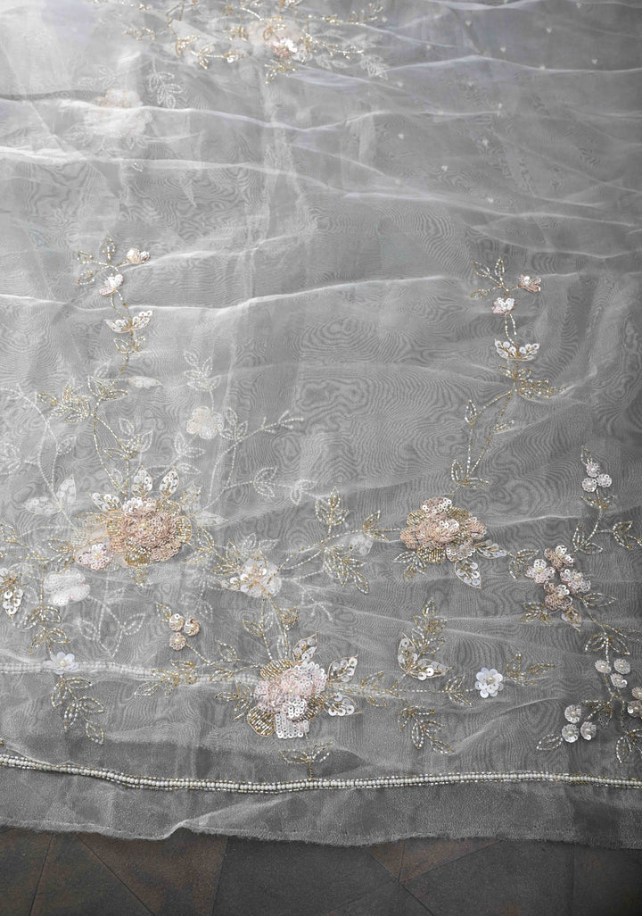 White Full Jaal on Glass Organza  Saree with Sequins, Cutdana Work and Scallop Border