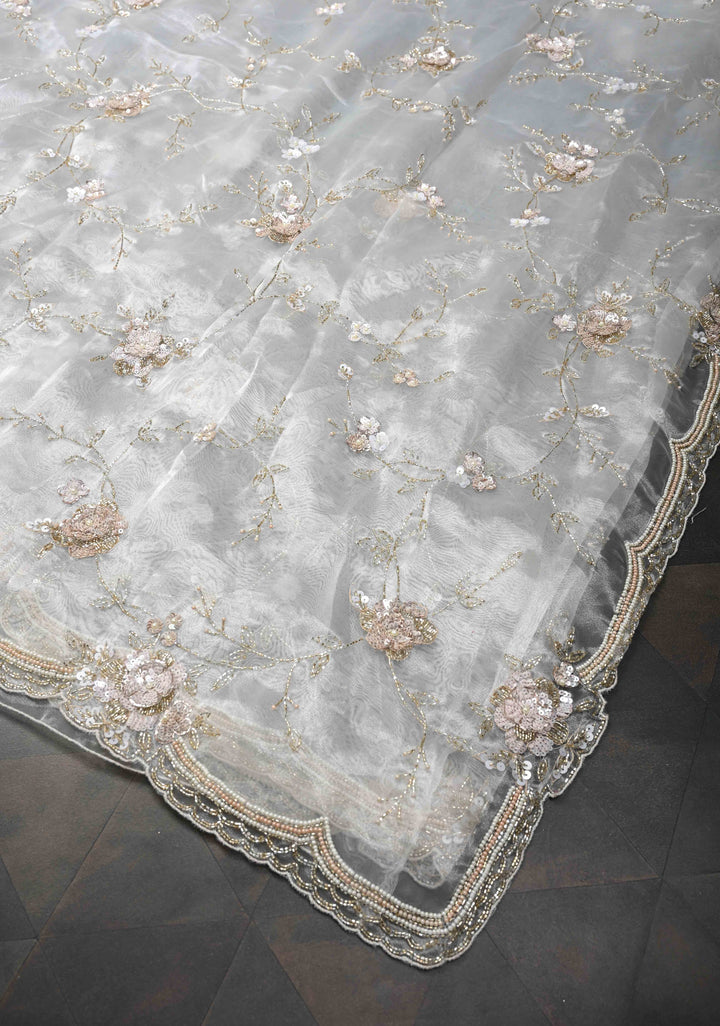 White Full Jaal on Glass Organza  Saree with Sequins, Cutdana Work and Scallop Border