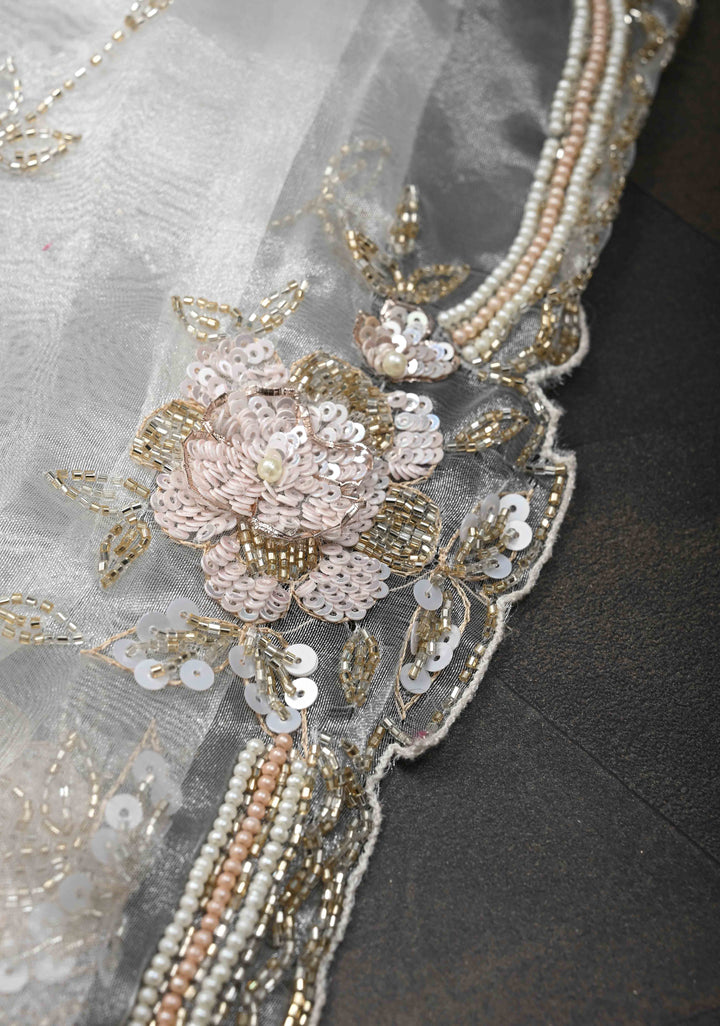 White Full Jaal on Glass Organza  Saree with Sequins, Cutdana Work and Scallop Border