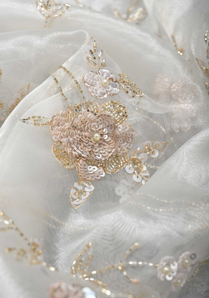 White Full Jaal on Glass Organza  Saree with Sequins, Cutdana Work and Scallop Border