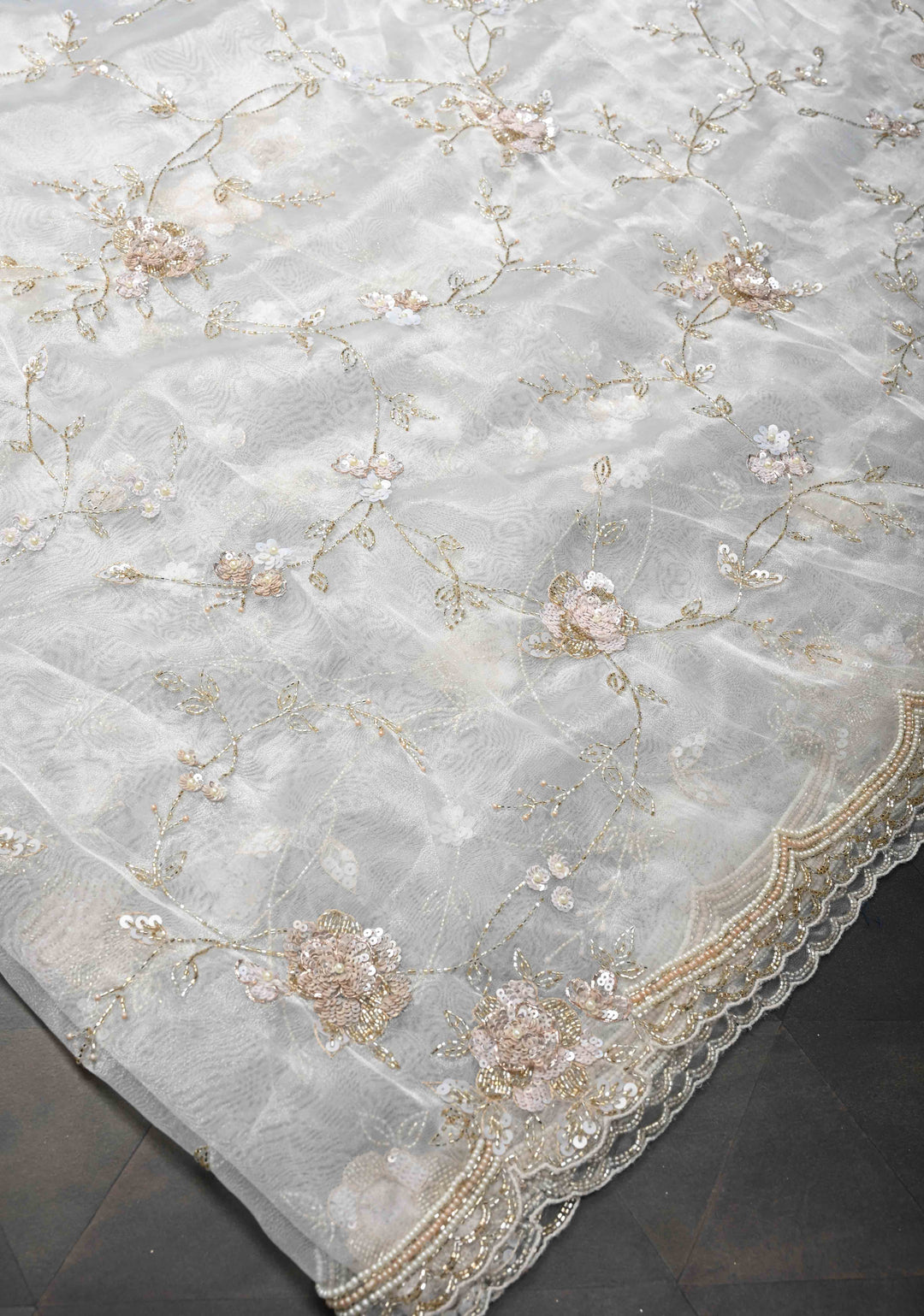White Full Jaal on Glass Organza  Saree with Sequins, Cutdana Work and Scallop Border