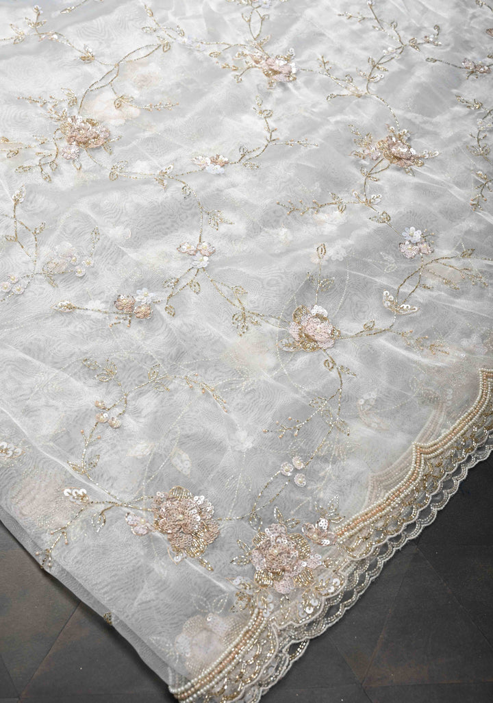 White Full Jaal on Glass Organza  Saree with Sequins, Cutdana Work and Scallop Border