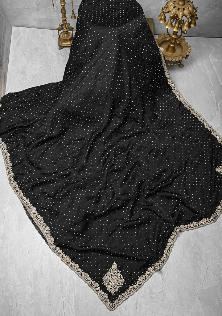 Black Stone work on Satin Silk Saree with Cutdana, Zardosi Work on Scallop Border and Koniya Motifs