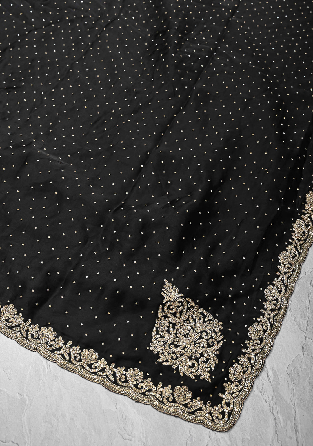 Black Stone work on Satin Silk Saree with Cutdana, Zardosi Work on Scallop Border and Koniya Motifs