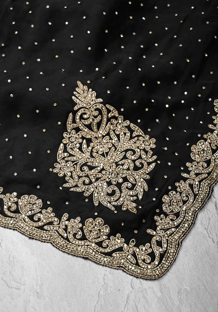 Black Stone work on Satin Silk Saree with Cutdana, Zardosi Work on Scallop Border and Koniya Motifs