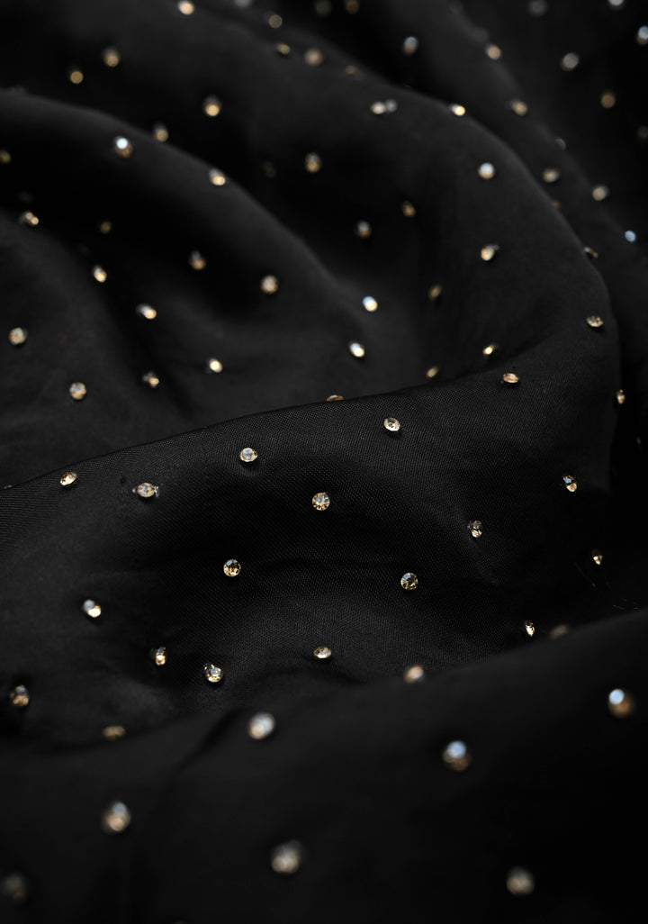 Black Stone work on Satin Silk Saree with Cutdana, Zardosi Work on Scallop Border and Koniya Motifs