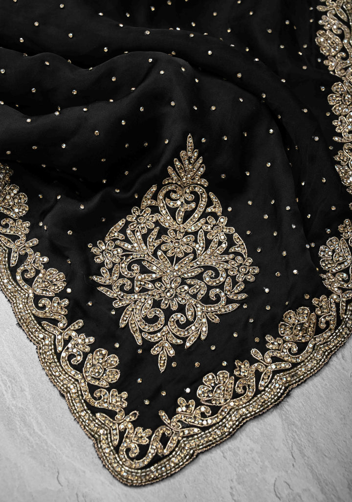 Black Stone work on Satin Silk Saree with Cutdana, Zardosi Work on Scallop Border and Koniya Motifs