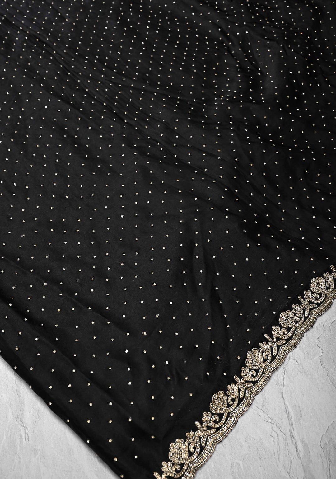 Black Stone work on Satin Silk Saree with Cutdana, Zardosi Work on Scallop Border and Koniya Motifs