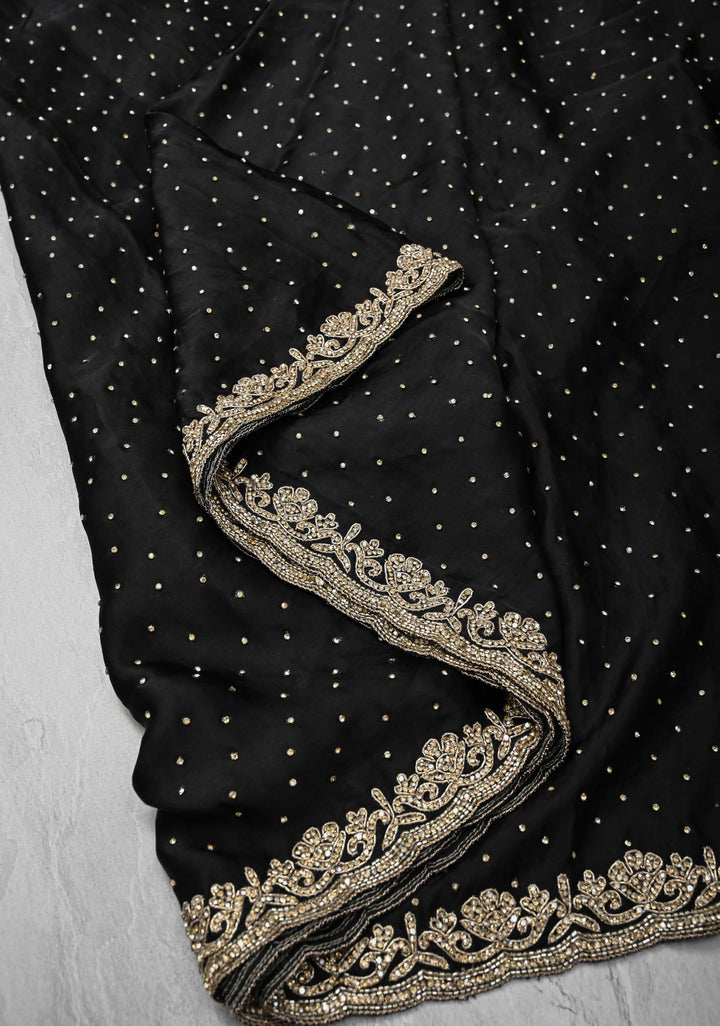 Black Stone work on Satin Silk Saree with Cutdana, Zardosi Work on Scallop Border and Koniya Motifs
