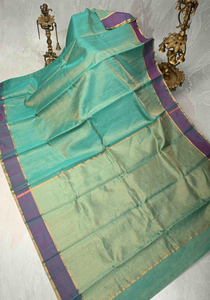 Turquoise Blue Tissue Chanderi Silk Cotton Saree Jharna