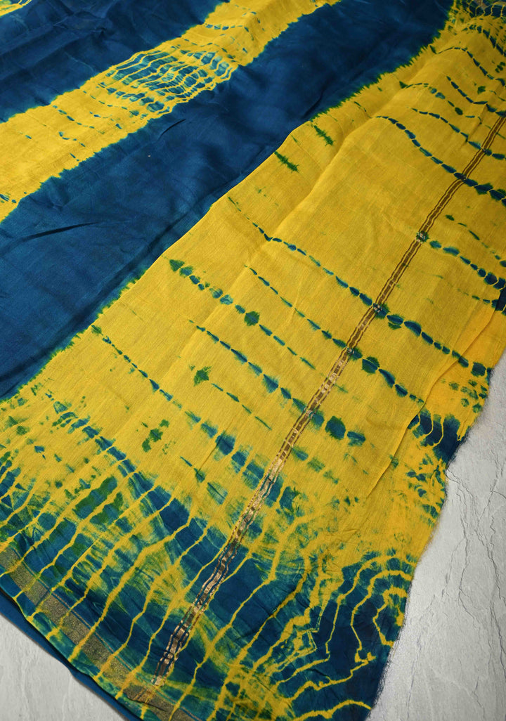 Yellow Blue Shibori Bagru Handblock Chanderi Silk Cotton Saree with Minimal Zari Border