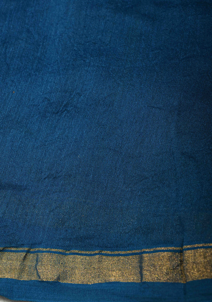 Yellow Blue Shibori Bagru Handblock Chanderi Silk Cotton Saree with Minimal Zari Border