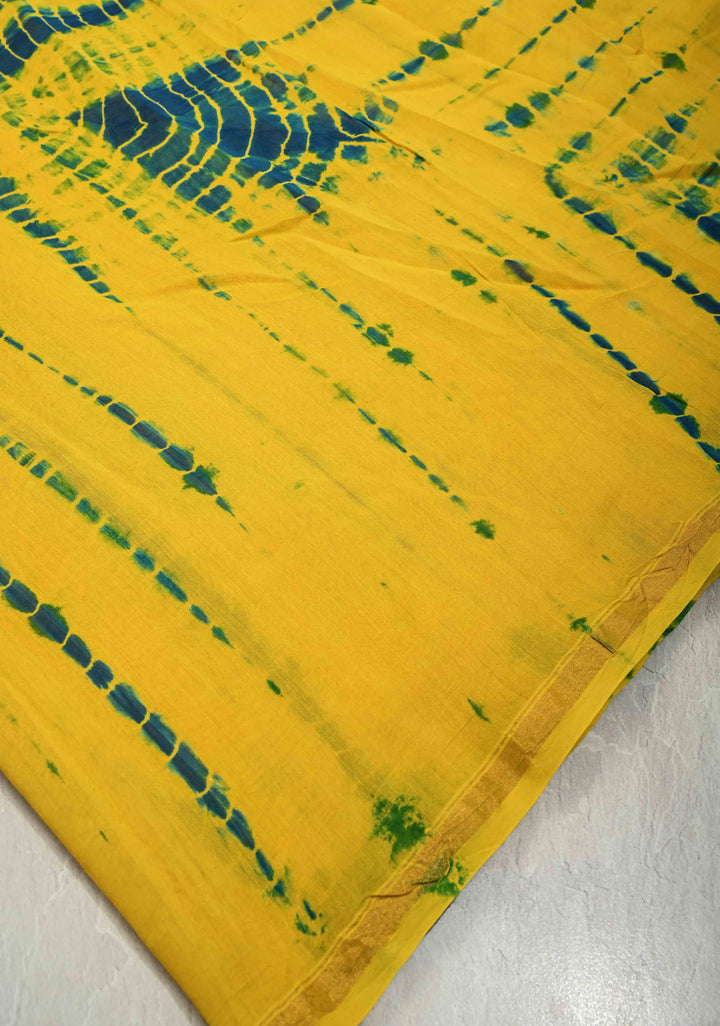Yellow Blue Shibori Bagru Handblock Chanderi Silk Cotton Saree with Minimal Zari Border