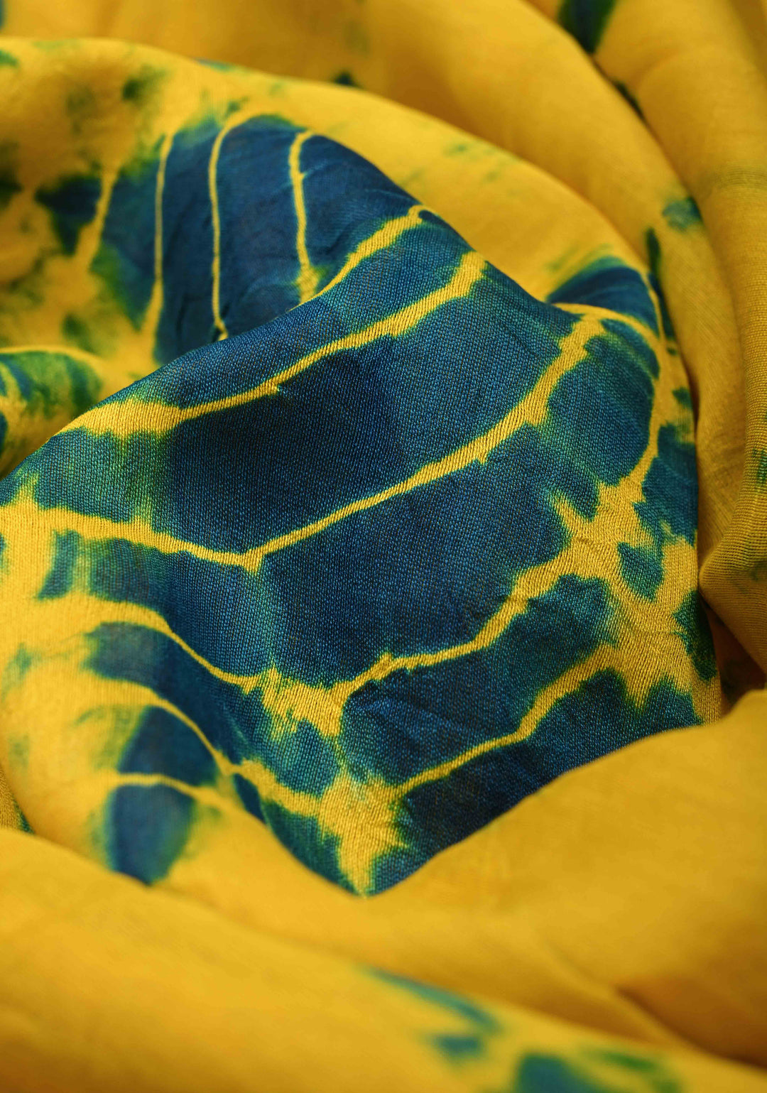 Yellow Blue Shibori Bagru Handblock Chanderi Silk Cotton Saree with Minimal Zari Border