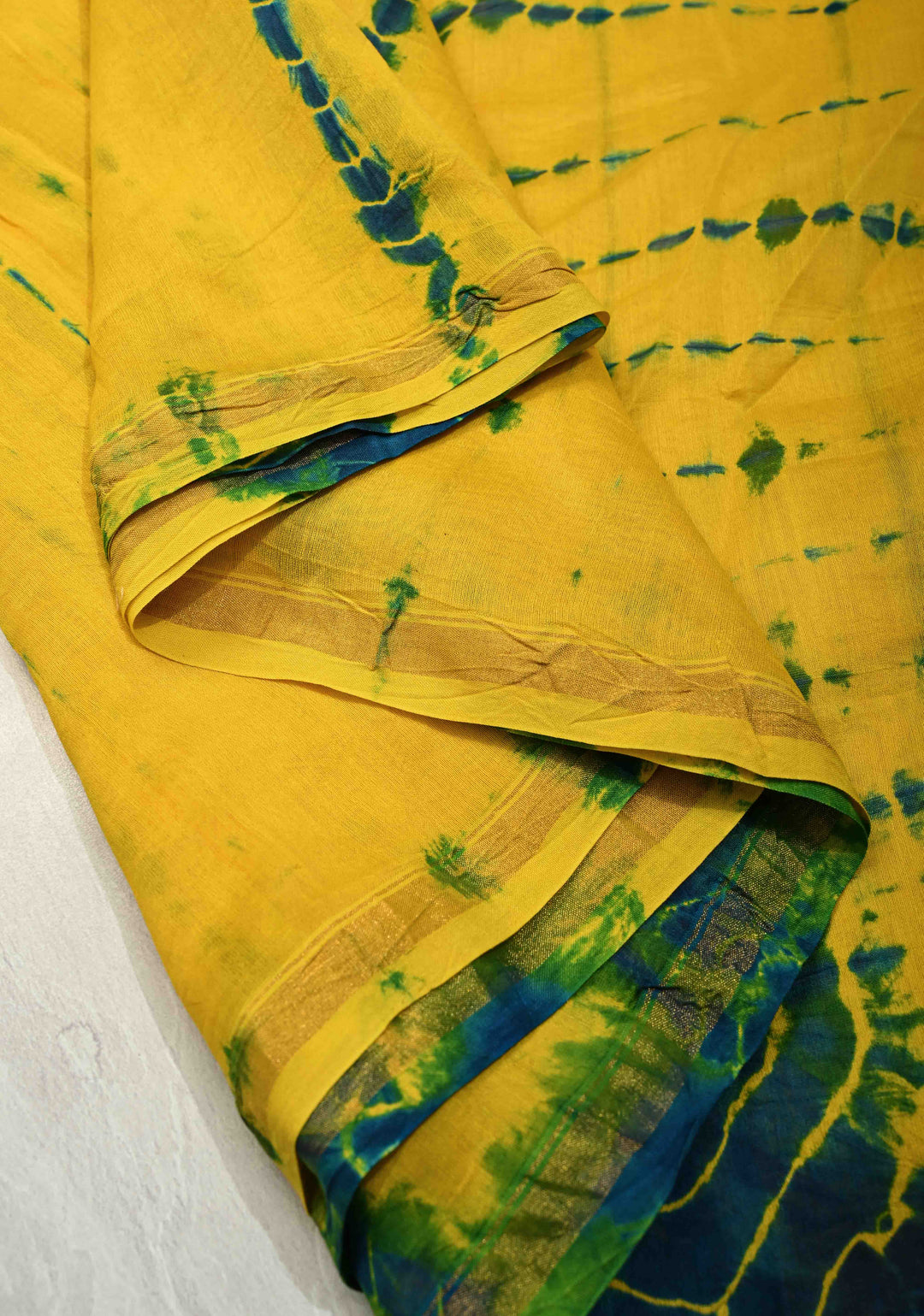 Yellow Blue Shibori Bagru Handblock Chanderi Silk Cotton Saree with Minimal Zari Border
