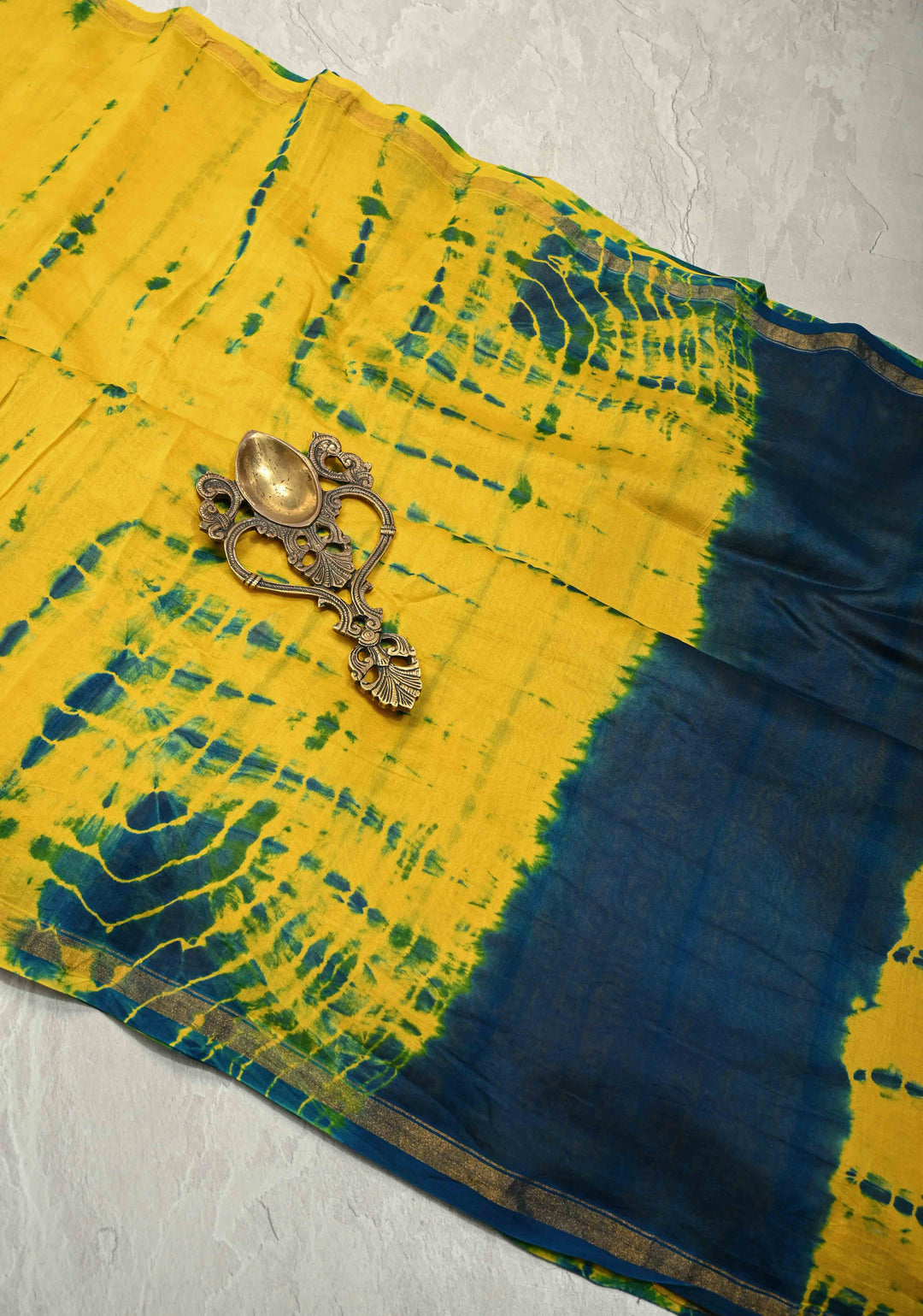 Yellow Blue Shibori Bagru Handblock Chanderi Silk Cotton Saree with Minimal Zari Border