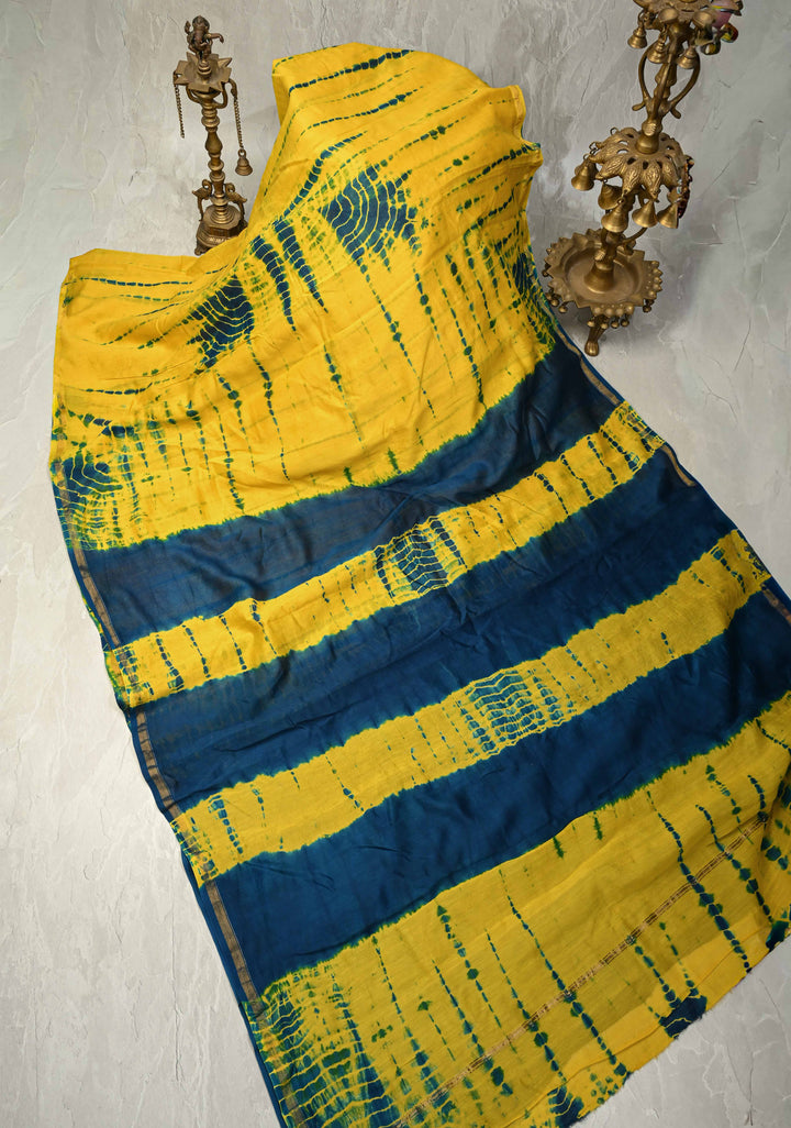Yellow Blue Shibori Bagru Handblock Chanderi Silk Cotton Saree with Minimal Zari Border
