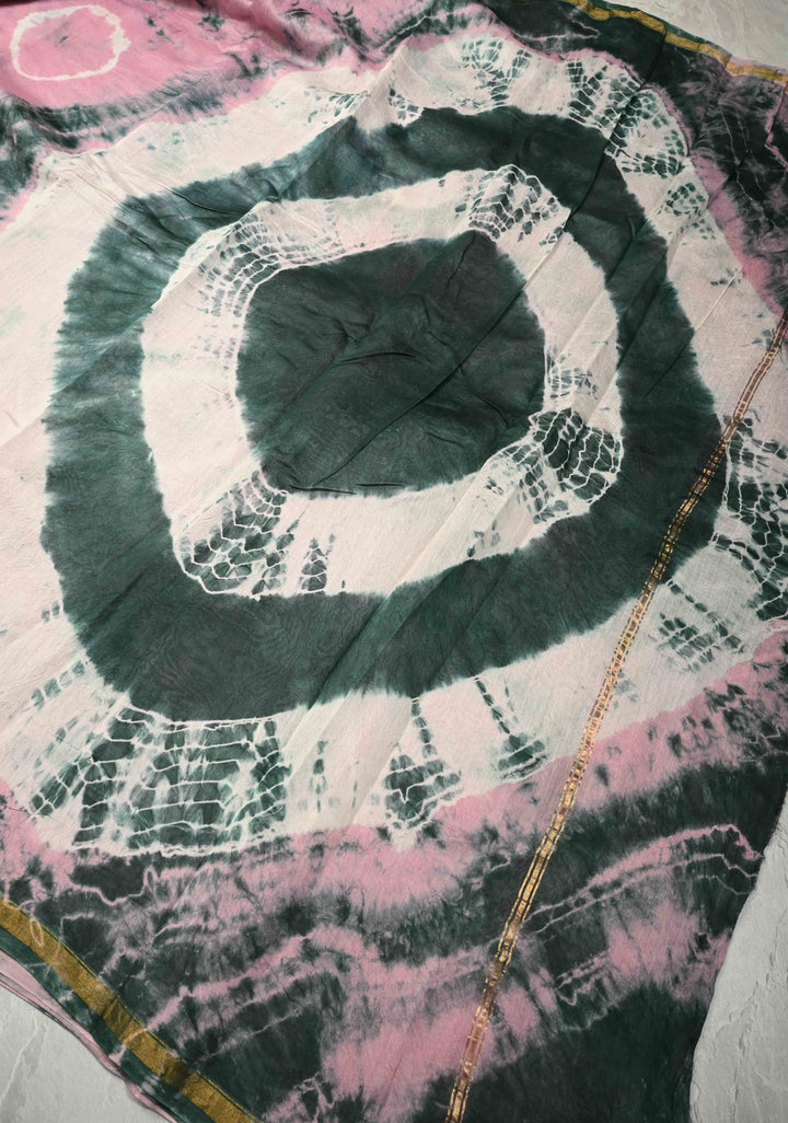 Pink Seagreen Shibori Bagru Handblock Chanderi Silk Cotton Saree with Minimal Zari Border