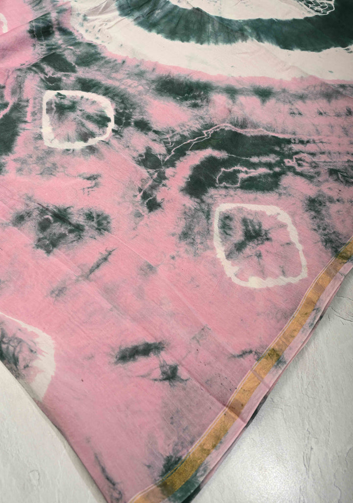 Pink Seagreen Shibori Bagru Handblock Chanderi Silk Cotton Saree with Minimal Zari Border