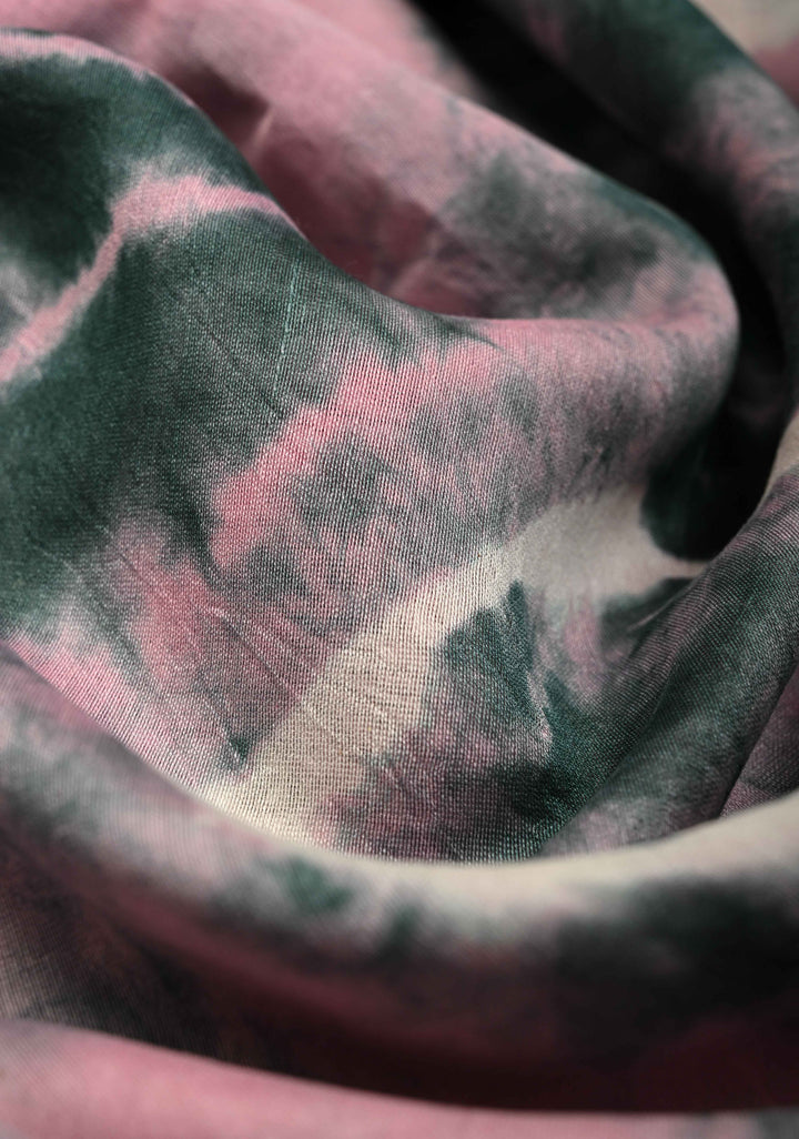 Pink Seagreen Shibori Bagru Handblock Chanderi Silk Cotton Saree with Minimal Zari Border