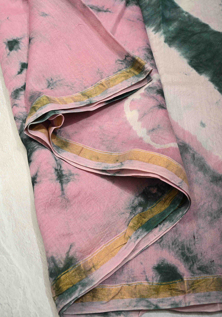 Pink Seagreen Shibori Bagru Handblock Chanderi Silk Cotton Saree with Minimal Zari Border