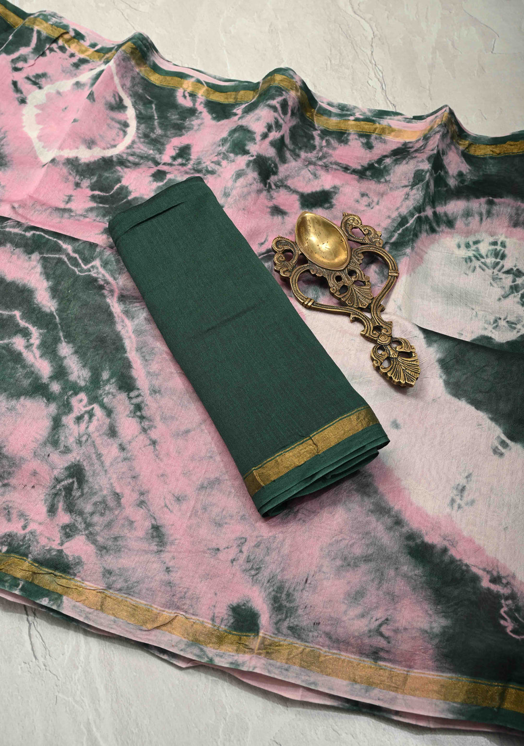 Pink Seagreen Shibori Bagru Handblock Chanderi Silk Cotton Saree with Minimal Zari Border