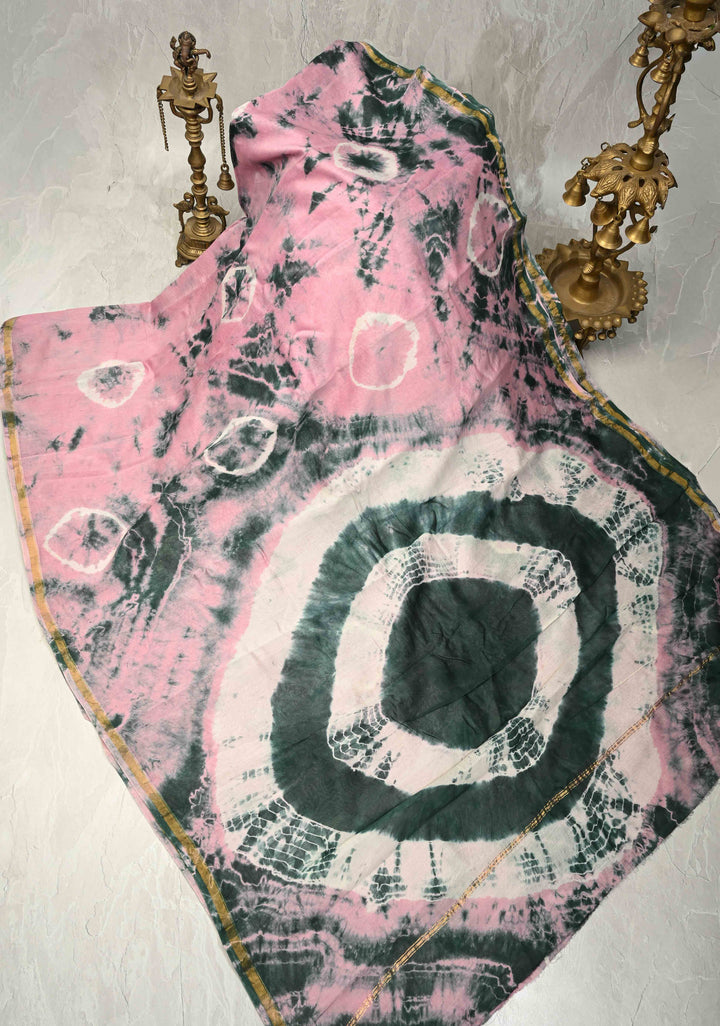 Pink Seagreen Shibori Bagru Handblock Chanderi Silk Cotton Saree with Minimal Zari Border