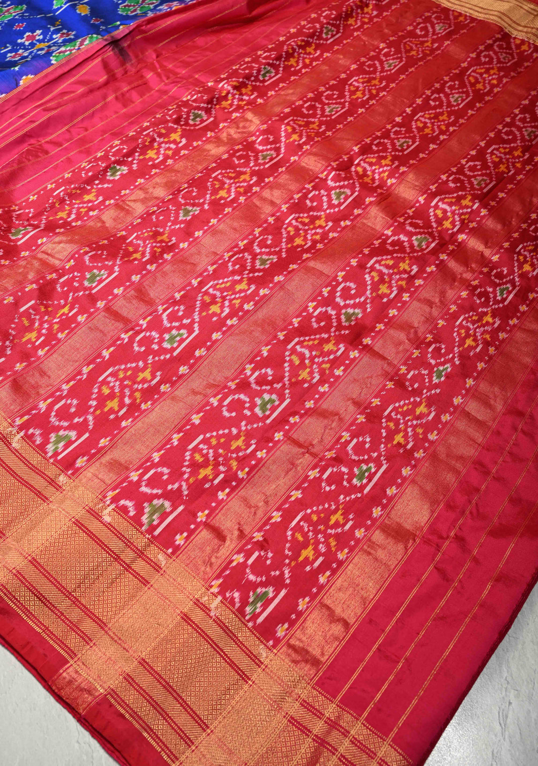 Blue With Red Pochampally Ikkat Silk Saree Minsaram With Zari Border  | SILK MARK CERTIFIED
