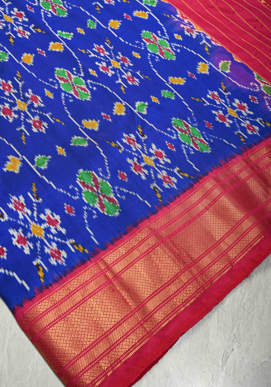 Blue With Red Pochampally Ikkat Silk Saree Minsaram With Zari Border  | SILK MARK CERTIFIED