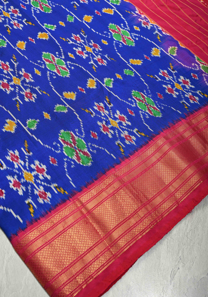 Blue With Red Pochampally Ikkat Silk Saree Minsaram With Zari Border  | SILK MARK CERTIFIED