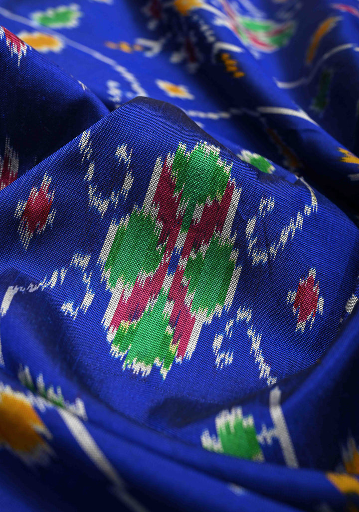 Blue With Red Pochampally Ikkat Silk Saree Minsaram With Zari Border  | SILK MARK CERTIFIED