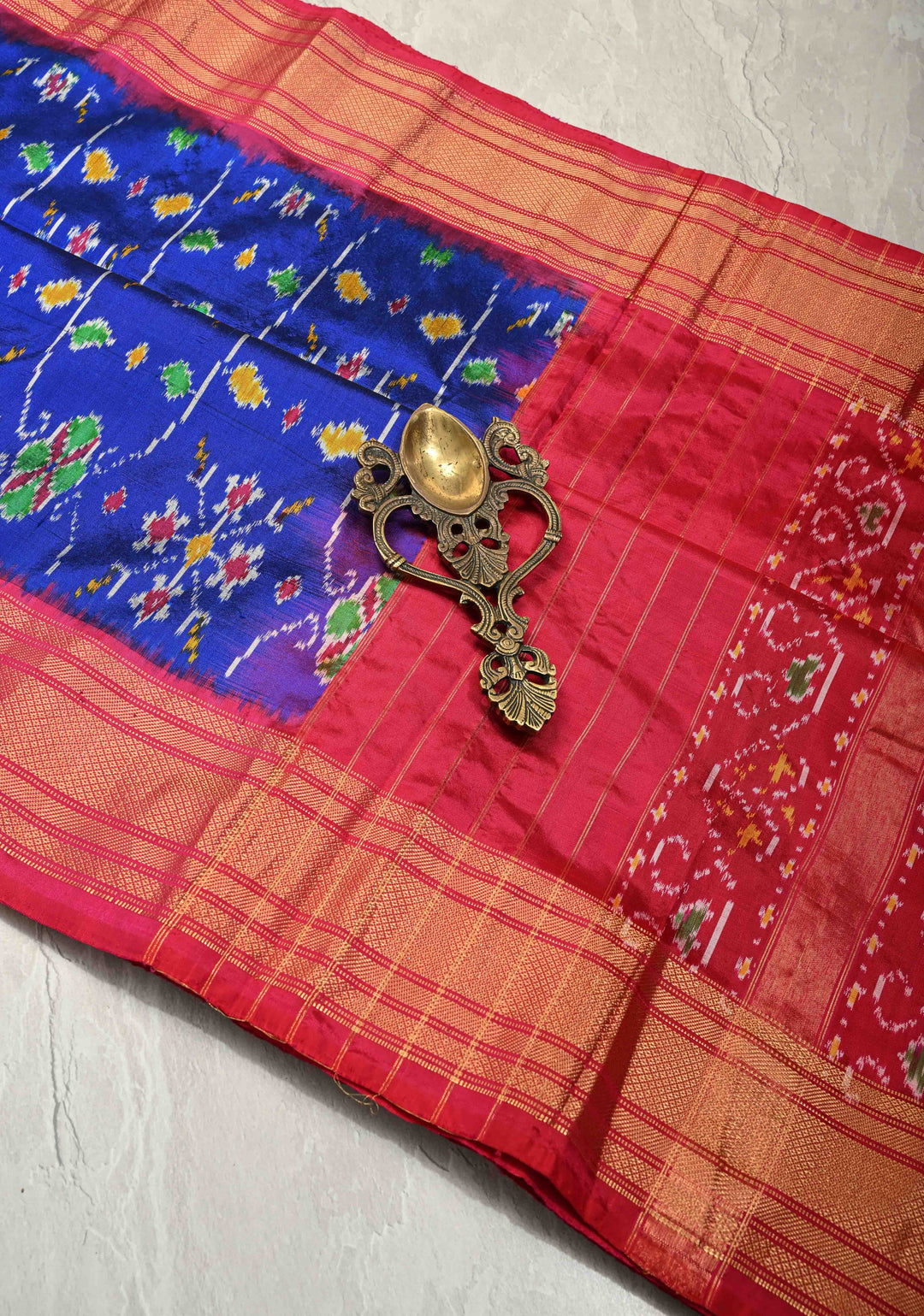 Blue With Red Pochampally Ikkat Silk Saree Minsaram With Zari Border  | SILK MARK CERTIFIED