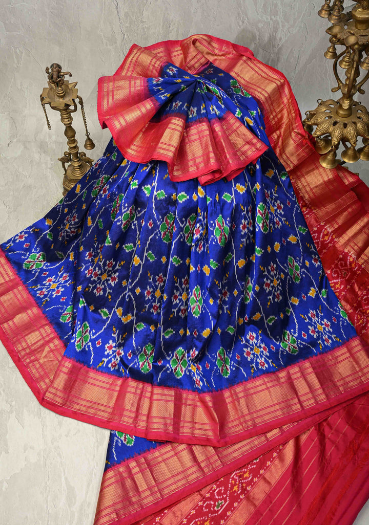 Blue With Red Pochampally Ikkat Silk Saree Minsaram With Zari Border  | SILK MARK CERTIFIED