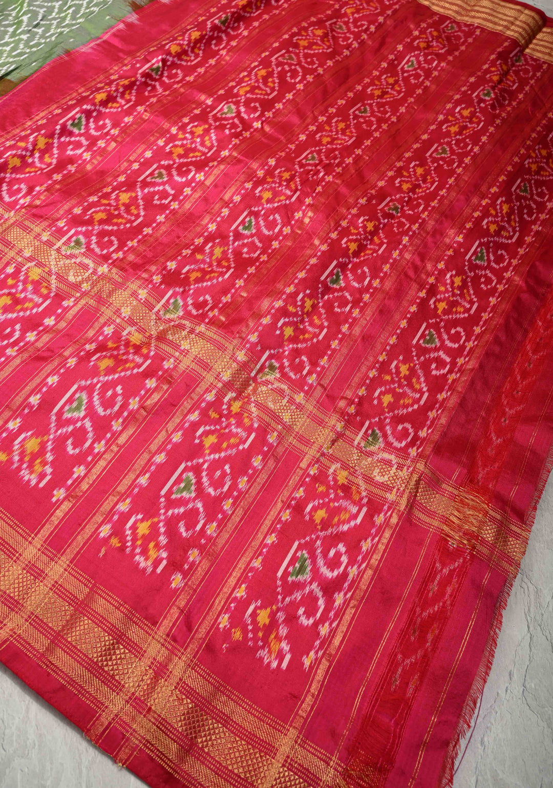 Green With Red Pochampally Ikkat Silk Saree Sindoora with Zari Border | SILK MARK CERTIFIED