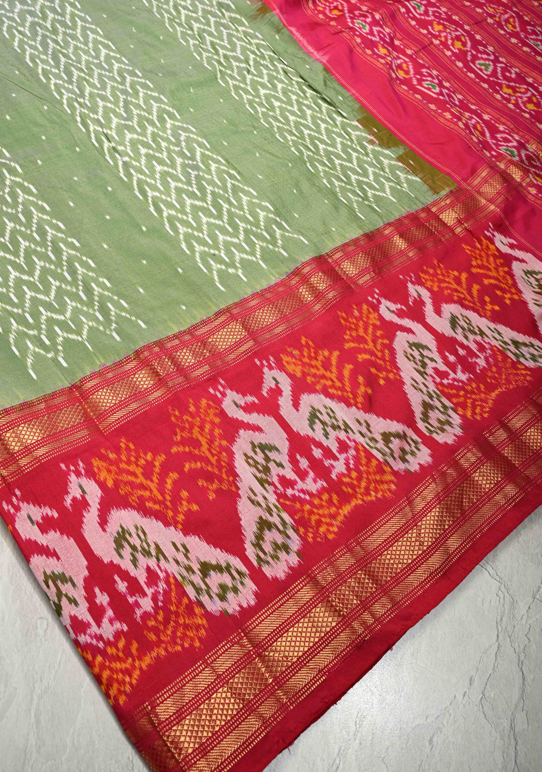 Green With Red Pochampally Ikkat Silk Saree Sindoora with Zari Border | SILK MARK CERTIFIED