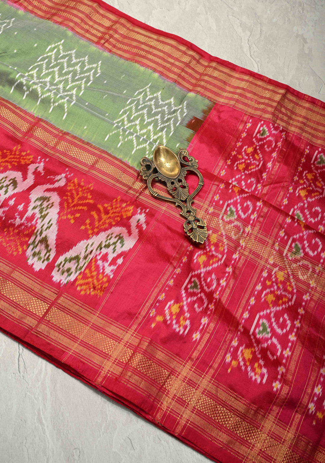 Green With Red Pochampally Ikkat Silk Saree Sindoora with Zari Border | SILK MARK CERTIFIED