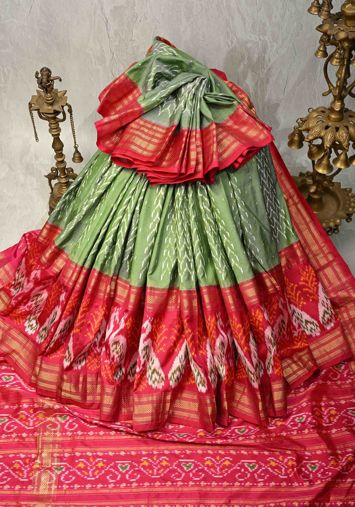 Green With Red Pochampally Ikkat Silk Saree Sindoora with Zari Border | SILK MARK CERTIFIED