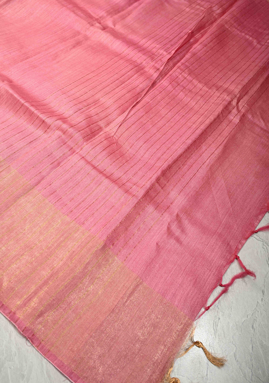 Light Pink Bhagalpur Tussar Handwoven Silk Saree With Muted Zari Border | SILK MARK CERTIFIED