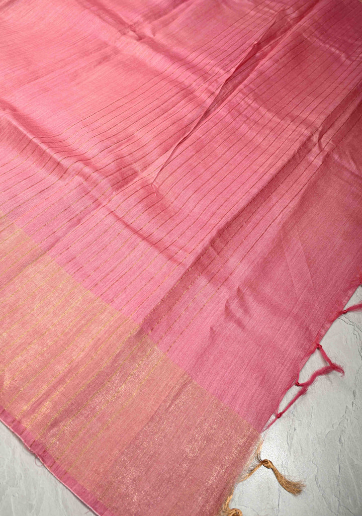 Light Pink Bhagalpur Tussar Handwoven Silk Saree With Muted Zari Border | SILK MARK CERTIFIED