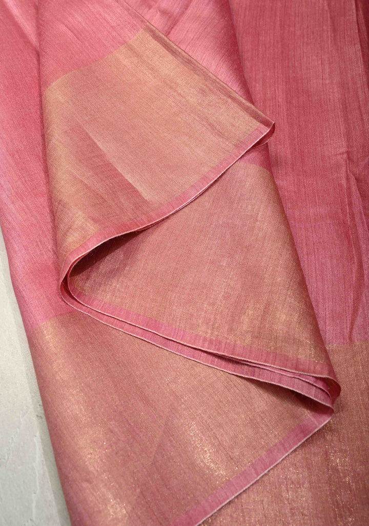 Light Pink Bhagalpur Tussar Handwoven Silk Saree With Muted Zari Border | SILK MARK CERTIFIED
