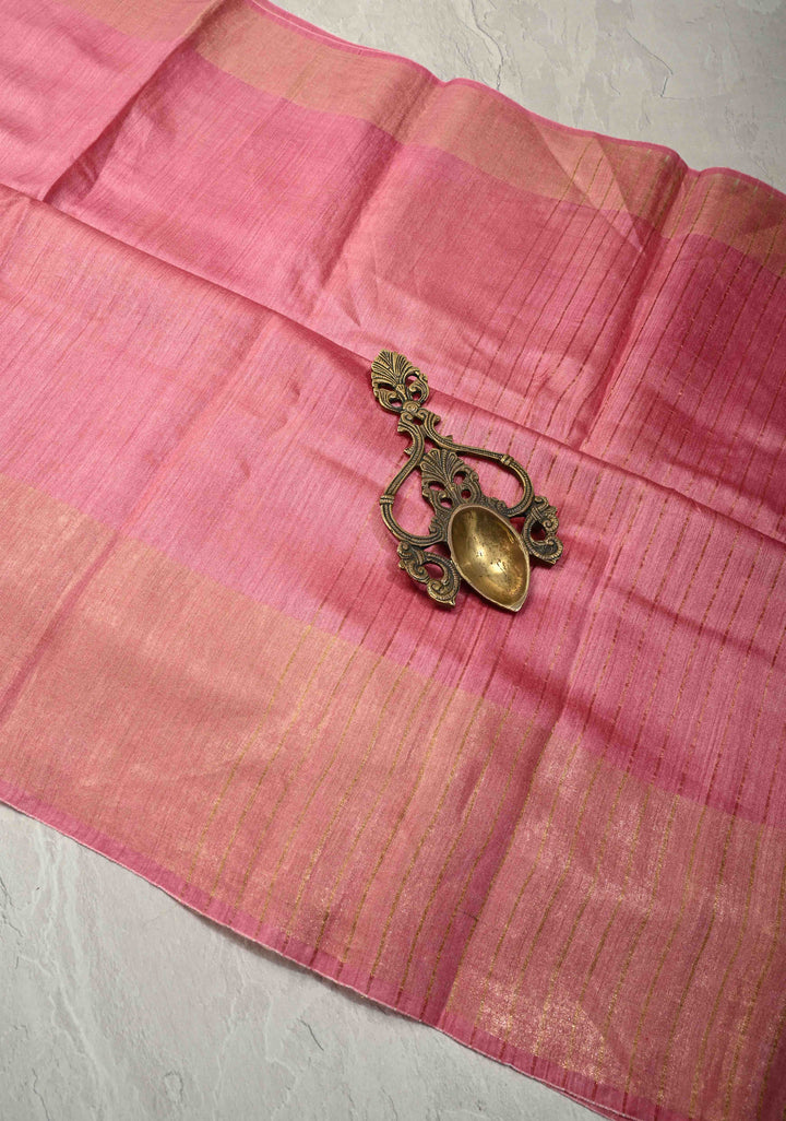 Light Pink Bhagalpur Tussar Handwoven Silk Saree With Muted Zari Border | SILK MARK CERTIFIED