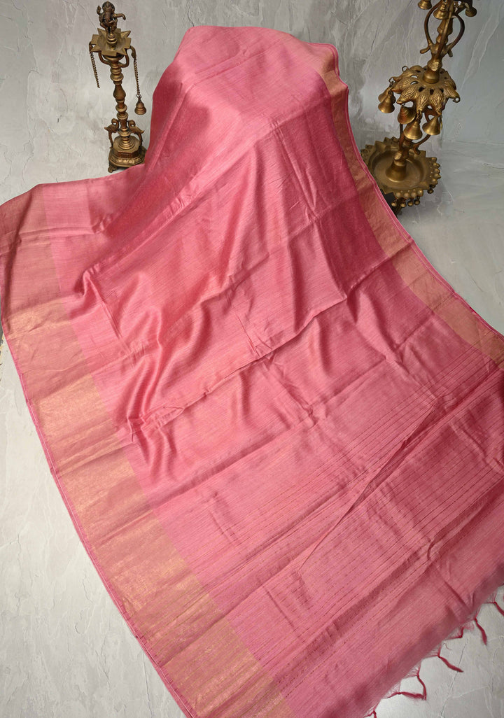 Light Pink Bhagalpur Tussar Handwoven Silk Saree With Muted Zari Border | SILK MARK CERTIFIED
