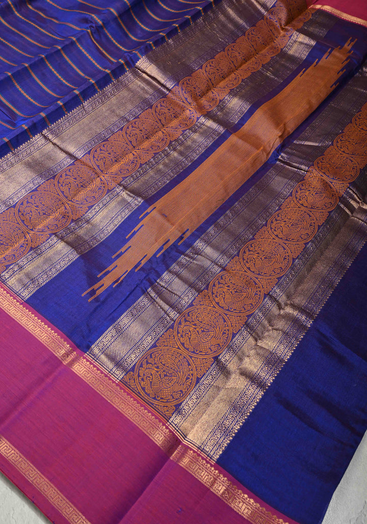 Medium Sea Blue Kanchi Silk Cotton Handloom Saree Mayil With Thread Stripes and Wide Zari Border